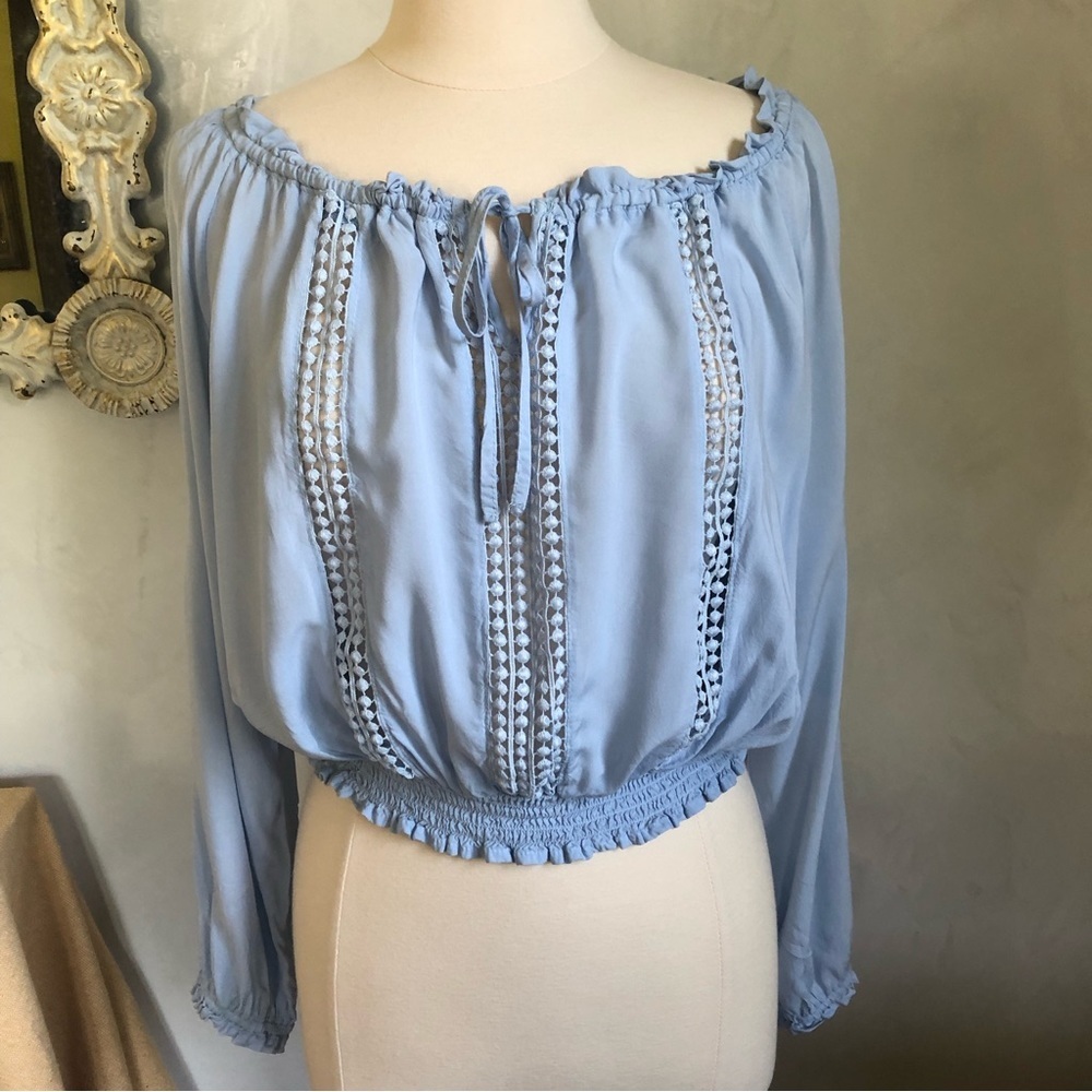 Iris bohemian ice blue peasant off the shoulder long open sleeved size Large - Picture 3 of 15